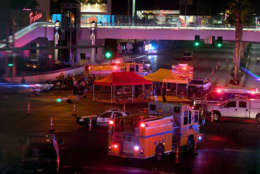 LAS VEGAS, NV - OCTOBER 02:  Police and rescue personnel gather at the intersection of Las Vegas Boulevard and Tropicana Ave. after a mass shooting at a country music festival nearby on October 2, 2017 in Las Vegas, Nevada. A gunman has opened fire on a music festival in Las Vegas, leaving at least 50 people dead and more than 200 injured. Police have confirmed that one suspect, Stephen Paddock, has been shot and killed. The investigation is ongoing. (Photo by Ethan Miller/Getty Images)