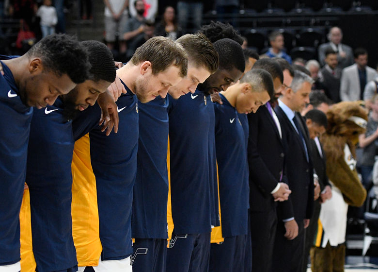 SALT LAKE CITY, UT - OCTOBER 2: Members of the Utah Jazz observe a moment of silence for the victims of the Las Vegas shooting, prior to their game against the Sydney Kings at Vivint Smart Home Arena on October 2, 2017 in Salt Lake City, Utah. NOTE TO USER: User expressly acknowledges and agrees that, by downloading and or using this photograph, User is consenting to the terms and conditions of the Getty Images License Agreement. (Photo by Gene Sweeney Jr./Getty Images)