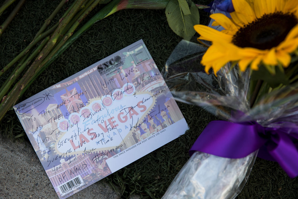 LAS VEGAS, NV - OCTOBER 3: A small makeshift memorial sits on the median on Las Vegas Blvd. outside the Route 91 Harvest Festival grounds, October 3, 2017 in Las Vegas, Nevada.  Late Sunday night, a lone gunman killed over 50 people and injured over 500 people after he opened fire on a large crowd at the Route 91 Harvest country music festival. The massacre is one of the deadliest mass shooting events in U.S. history. (Photo by Drew Angerer/Getty Images)