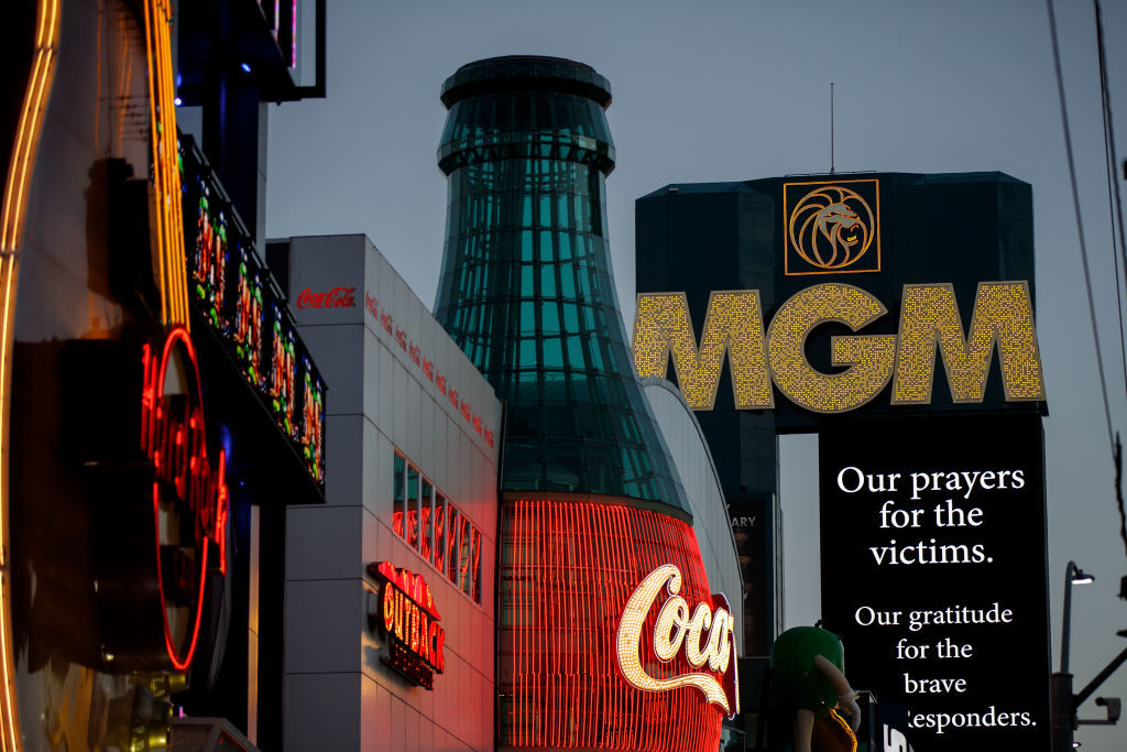 LAS VEGAS, NV - OCTOBER 3: A message of condolences for the victims of Sunday night's mass shooting is displayed outside the MGM Grand Hotel &amp; Casino, October 3, 2017 in Las Vegas, Nevada. Late Sunday night, a lone gunman killed over 50 people and injured over 500 people after he opened fire on a large crowd at the Route 91 Harvest country music festival. The massacre is one of the deadliest mass shooting events in U.S. history. (Photo by Drew Angerer/Getty Images)