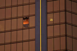 LAS VEGAS, NV - OCTOBER 3:  A window is broken on the 32nd floor of the Mandalay Bay Resort and Casino where a gunman opened fire on a concert crowd on Sunday night, October 3, 2017 in Las Vegas, Nevada. Late Sunday night, a lone gunman killed over 50 people and injured over 500 people after he opened fire on a large crowd at the Route 91 Harvest Festival, a three-day country music festival. The massacre is one of the deadliest mass shooting events in U.S. history. (Photo by Drew Angerer/Getty Images)