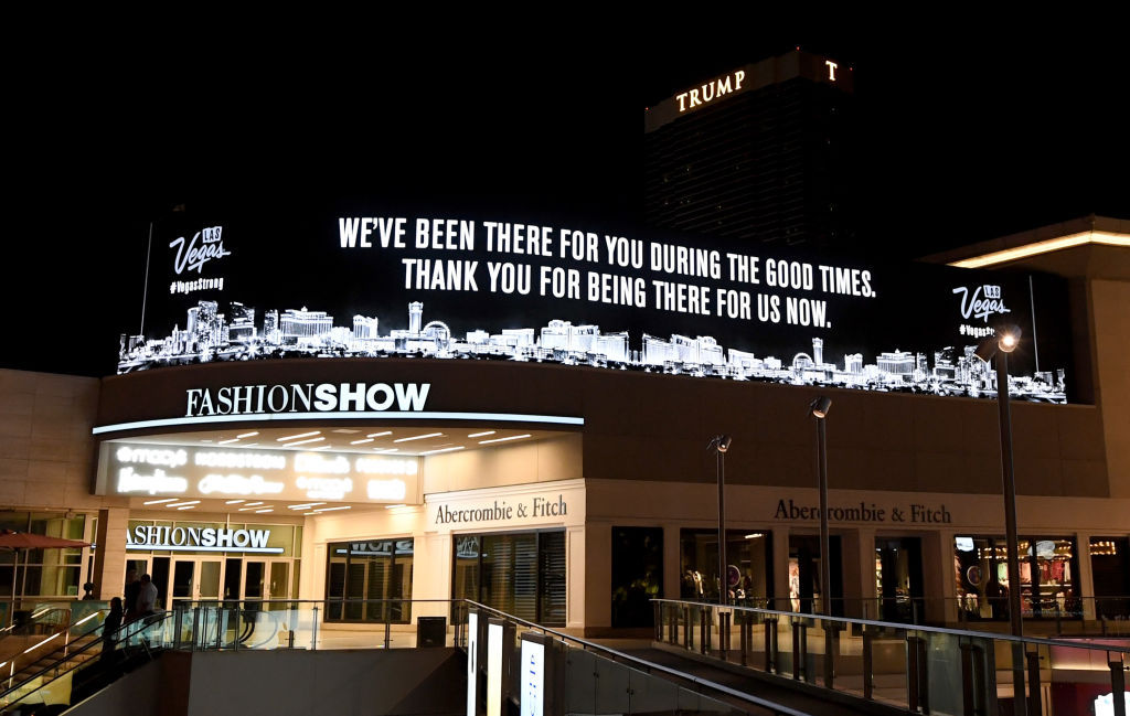 LAS VEGAS, NV - OCTOBER 03:  An electronic sign outside the Fashion Show mall on the Las Vegas Strip displays a message of gratitude in response to Sunday night's mass shooting at a music festival on October 3, 2017 in Las Vegas, Nevada. Late Sunday night, a lone gunman killed at least 59 people and injured more than 500 after he opened fire on a large crowd at the Route 91 Harvest country music festival. The massacre is one of the deadliest mass shooting events in U.S. history.  (Photo by Ethan Miller/Getty Images)
