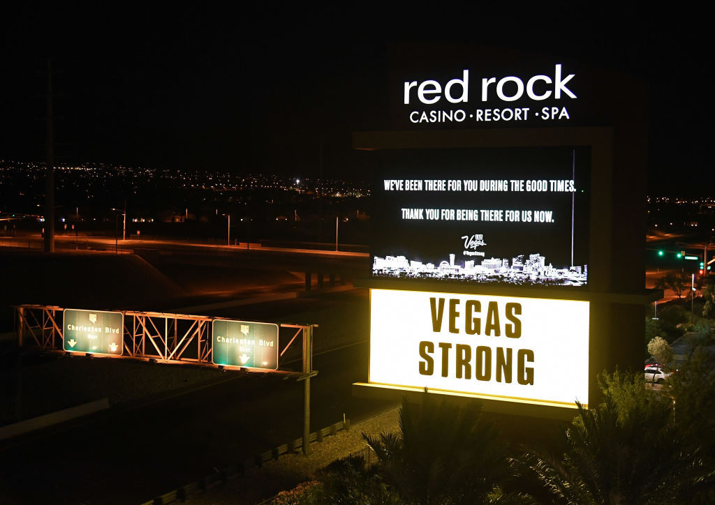 The marquee at the Red Rock Resort displays a message of gratitude in response to Sunday night's mass shooting at a music festival on October 3, 2017 in Las Vegas, Nevada. Hotel-casinos in Las Vegas replaced their usual flashy marquee advertisements with the same message of condolence as a show of strength in reaction to the violence. Late Sunday night, a lone gunman killed at least 59 people and injured more than 500 after he opened fire on a large crowd at the Route 91 Harvest country music festival. The massacre is one of the deadliest mass shooting events in U.S. history.
