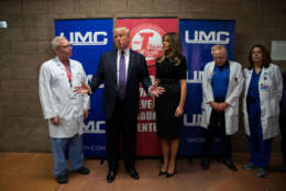 LAS VEGAS, NV - OCTOBER 4: Flanked by surgeon Dr. John Fildes (L) and first lady Melania Trump, President Donald Trump speaks to reporters at University Medical Center, October 4, 2017 in Las Vegas, Nevada. Trump is scheduled to visit with victims  and first responders from Sunday night's mass shooting during his trip to Las Vegas. (Photo by Drew Angerer/Getty Images)
