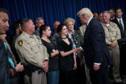 LAS VEGAS, NV - OCTOBER 4: President Donald Trump greets police officers and family members after speaking at Las Vegas Metropolitan Police Department headquarters, October 4, 2017 in Las Vegas, Nevada. Trump is scheduled to visit with victims  and first responders from Sunday night's mass shooting during his trip to Las Vegas. (Photo by Drew Angerer/Getty Images)