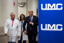 LAS VEGAS, NV - OCTOBER 4: Surgeon Dr. John Fildes walks with President Donald Trump at University Medical Center, October 4, 2017 in Las Vegas, Nevada. Trump is scheduled to visit with victims  and first responders from Sunday night's mass shooting during his trip to Las Vegas. (Photo by Drew Angerer/Getty Images)