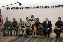 LAS VEGAS, NV - OCTOBER 4: President Donald Trump and first lady Melania Trump meet with police officers at Las Vegas Metropolitan Police Department headquarters, October 4, 2017 in Las Vegas, Nevada. Trump is scheduled to visit with victims and first responders from Sunday night's mass shooting during his trip to Las Vegas. (Photo by Drew Angerer/Getty Images)