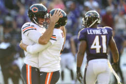 BALTIMORE, MD - OCTOBER 15: Kicker Connor Barth #4 and punter Pat O'Donnell #16 of the Chicago Bears celebrate after the game winning field goal in overtime against the Baltimore Ravens at M&amp;T Bank Stadium on October 15, 2017 in Baltimore, Maryland. The Chicago Bears win 27 - 24.(Photo by Rob Carr/Getty Images)