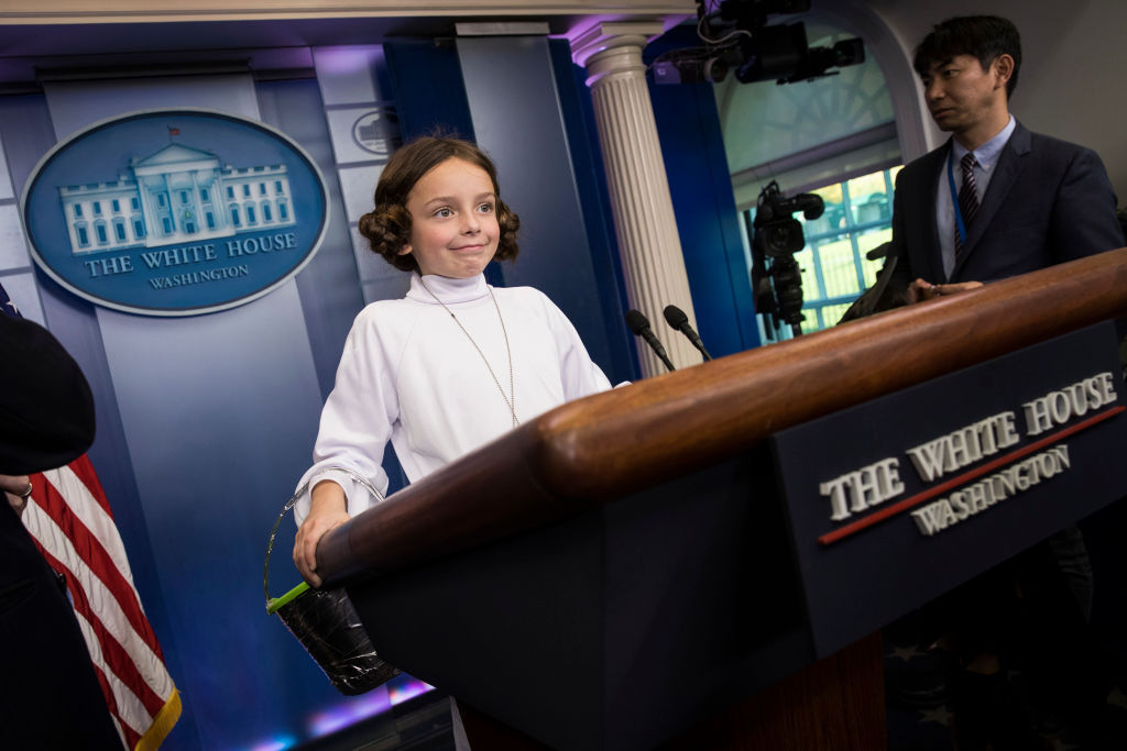 WASHINGTON, DC - OCTOBER 27: Natalynn Parkinson, dressed as Star Wars character Princess Leia, stands at the lectern following the daily press briefing at the White House, October 27, 2017 in Washington, DC. (Drew Angerer/Getty Images)
