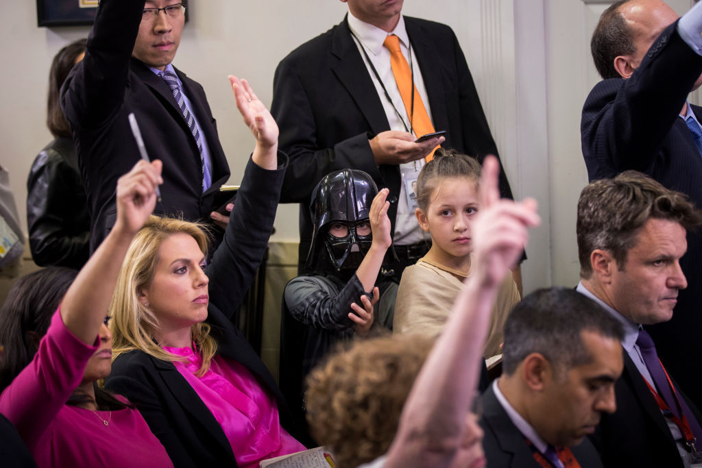 WASHINGTON, DC - OCTOBER 27: Children of journalists dressed in Halloween costumes attend the daily press briefing at the White House, October 27, 2017 in Washington, DC. (Drew Angerer/Getty Images)