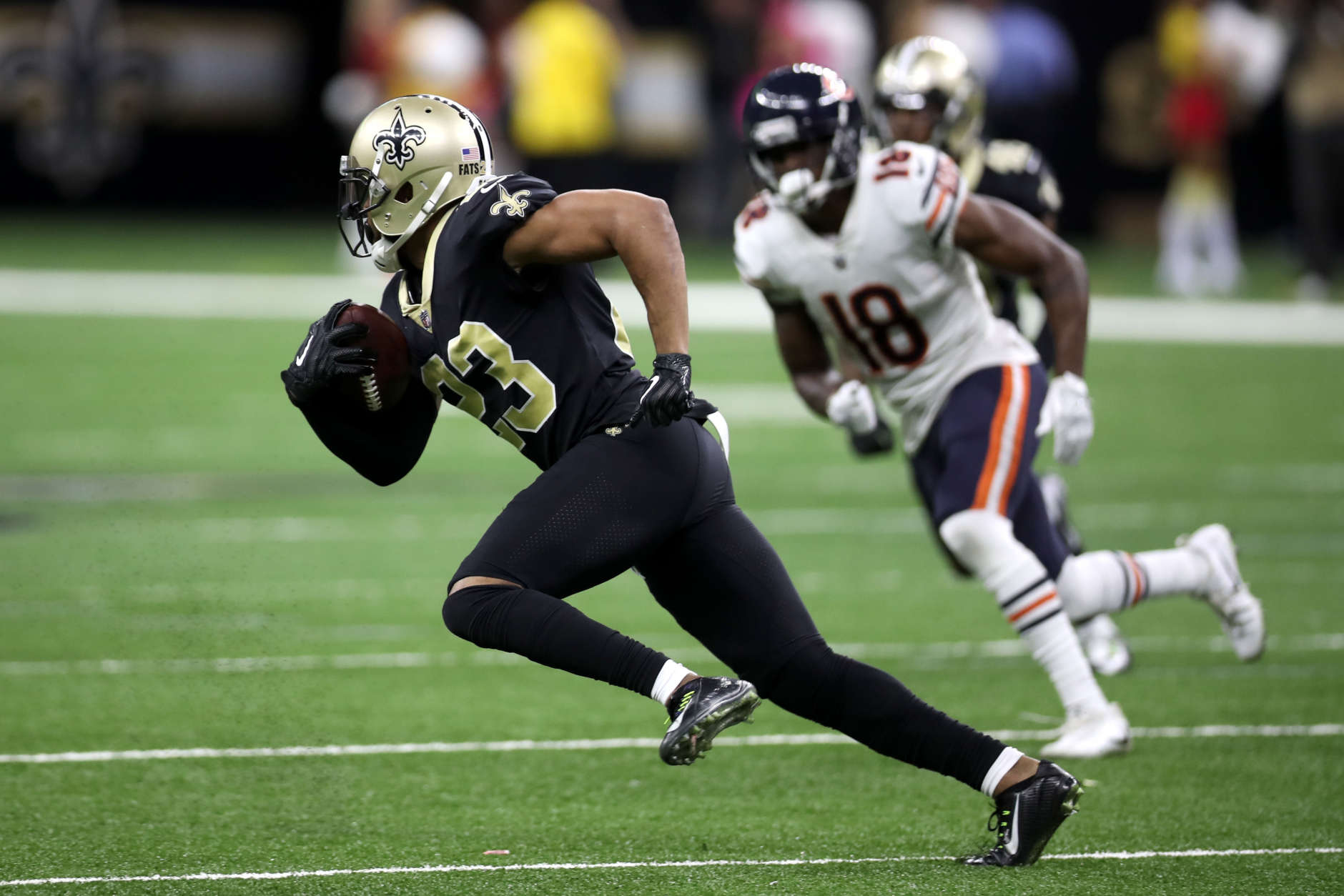 NEW ORLEANS, LA - OCTOBER 29:  Marshon Lattimore #23 of the New Orleans Saints intercepts the ball against the Chicago Bears at the Mercedes-Benz Superdome on October 29, 2017 in New Orleans, Louisiana.  (Photo by Chris Graythen/Getty Images)
