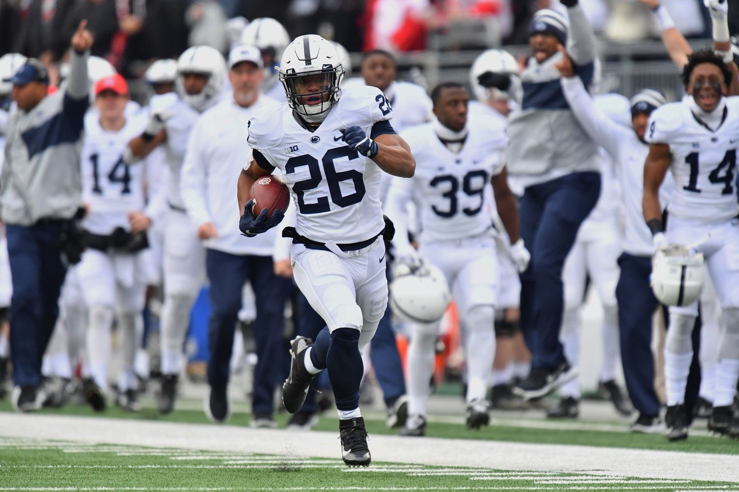 COLUMBUS, OH - OCTOBER 28:  Saquon Barkley #26 of the Penn State Nittany Lions returns the opening kick off 97-yards for a touchdown in the first quarter against the Ohio State Buckeyes at Ohio Stadium on October 28, 2017 in Columbus, Ohio.  (Photo by Jamie Sabau/Getty Images)