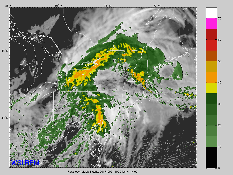 This series of images is from the hi-resolution RPM computer model, showing the remnants of Nate moving up from the south. The data depicted is future cloud cover and future radar. The center of low pressure will pass by to our north and west, through Ohio and western Pennsylvania. But the area will be close enough to get some bands of moderate to sometimes heavy rain, especially Monday morning. But by Monday afternoon the area will already start drying out on western winds sloping down the mountains. The times for the images are Monday 6 a.m., 8 a.m., 10 a.m. and skips ahead to 5 p.m. The evening rush hour won’t be as slow due to the weather. (The Weather Company)
