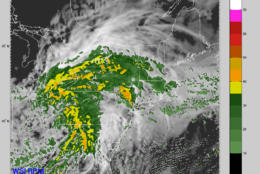 This series of images is from the hi-resolution RPM computer model, showing the remnants of Nate moving up from the south. The data depicted is future cloud cover and future radar. The center of low pressure will pass by to our north and west, through Ohio and western Pennsylvania. But the area will be close enough to get some bands of moderate to sometimes heavy rain, especially Monday morning. But by Monday afternoon the area will already start drying out on western winds sloping down the mountains. The times for the images are Monday 6 a.m., 8 a.m., 10 a.m. and skips ahead to 5 p.m. The evening rush hour won’t be as slow due to the weather. (The Weather Company)