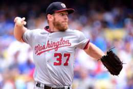 LOS ANGELES, CA - JUNE 07:  Stephen Strasburg #37 of the Washington Nationals pitches during the sixth inning against the Los Angeles Dodgers at Dodger Stadium on June 7, 2017 in Los Angeles, California.  (Photo by Harry How/Getty Images)
