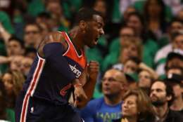 BOSTON, MA - MAY 15:  John Wall #2 of the Washington Wizards reacts against the Boston Celtics during Game Seven of the NBA Eastern Conference Semi-Finals at TD Garden on May 15, 2017 in Boston, Massachusetts.  NOTE TO USER: User expressly acknowledges and agrees that, by downloading and or using this photograph, User is consenting to the terms and conditions of the Getty Images License Agreement.  (Photo by Elsa/Getty Images)