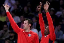 NEW YORK, NY - OCTOBER 13: Members of the Washington Wizards react on the bench in the first half against the New York Knicks during their game at Madison Square Garden on October 13, 2017 in New York City. User expressly acknowledges and agrees that, by downloading and or using this photograph, User is consenting to the terms and conditions of the Getty Images License Agreement.  (Photo by Abbie Parr/Getty Images)