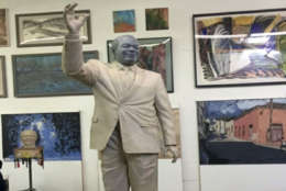 Pictures from artists at Weitzman Studios in Maryland show a full-body clay model of Barry smiling and waving, wearing a suit and snakeskin shoes.  (Courtesy D.C. Commission on Arts and Humanities)