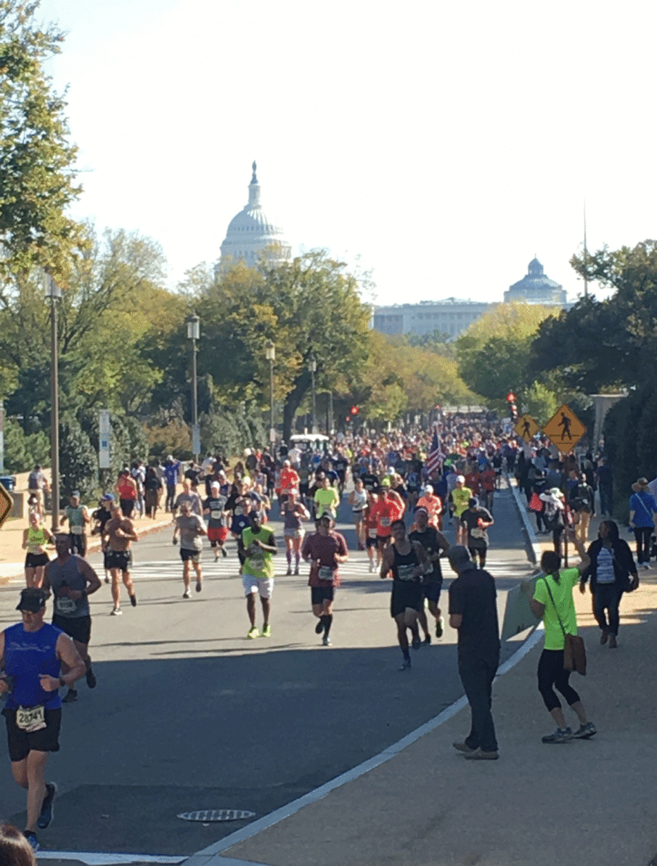 Runners in the 42nd Marine Corps Marathon run past the Capitol on the National Mall.  (Courtesy Cody House)