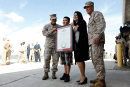 Ethan Arbelo is recognized as an honorary Marine during a ceremony on Oct. 31, 2013 at the headquarters of the 4th Marine Assault Amphibian Battalion, located in Tampa, Florida. (Courtesy of Maria Maldonado)