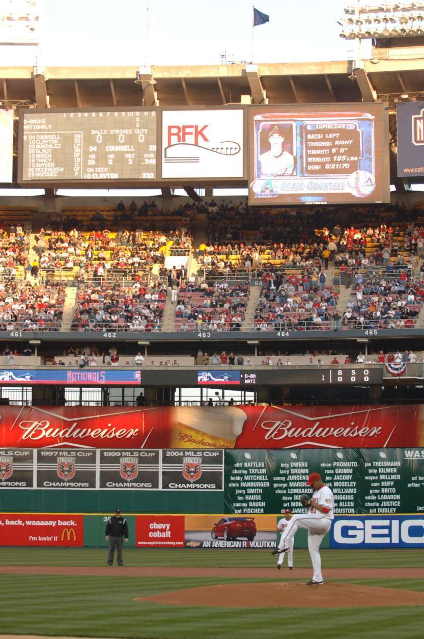 The Nationals' first pitch at RFK Stadium in April 2005. (Courtesy EventsDC)