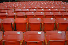 The inonic orange seats at RFK Stadium. The stadium hosts its final United game Oct. 22. (WTOP/Jack Moore)