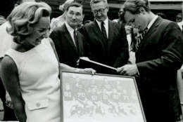 This 1969 photo shows Robert F. Kennedy's widow, Ethel, at a special ceremony where the stadium was officially renamed RFK Memorial Stadium. (Courtesy EventsDC)