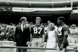 This 1969 photo shows a special dedication ceremony at the stadium. From left to right: Kennedy's son, Robert F. Kennedy Jr.; Redskins tight end Jerry Smith; Kennedy's widow, Ethel Kennedy; and Redskins safety Brig Owens. (Courtesy EventsDC)