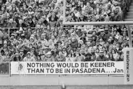 Washington Redskins fans produce a sign pointing to their Super Bowl hopes during NFC playoff action against the Minnesota Vikings in Washington, Jan. 15, 1983. (AP Photo)