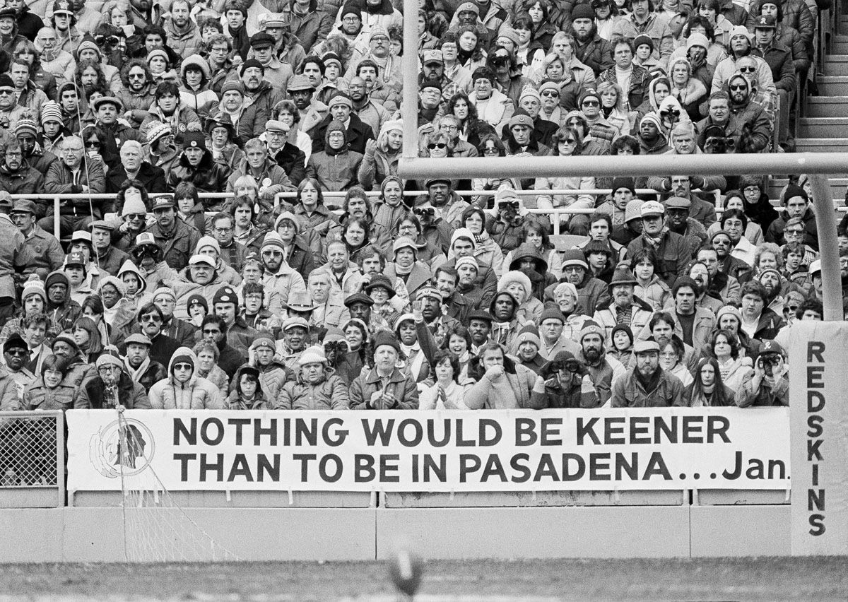 Washington Redskins fans produce a sign pointing to their Super Bowl hopes during NFC playoff action against the Minnesota Vikings in Washington, Jan. 15, 1983. (AP Photo)