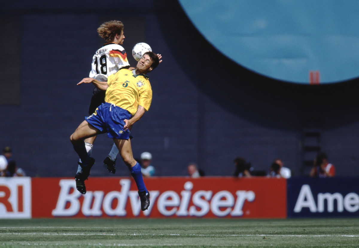 Germany’s  Jurgen Klinsmann battles Brazil’s Dunga in U.S. Cup 93 game played at RFK. Klinsmann scored two goals in a 3-3 tie before over 34, 000 on June 10, 1993. (Courtesy Tony Quinn)