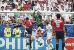 Switzerland goalkeeper Marco Pascolo, right, leaps to stop a shot on the goal by Spanish midfielder Hierro, left, during the Spain Vs. Switzerland World Cup soccer championship second round match, Saturday, July 2, 1994 at Washington?s RFK Stadium. (AP Photo/Doug Mills)