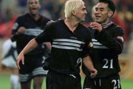 DC United's Jamie Moreno (9) celebrates with teammate Raul Diaz Arce (21) after scoring a goal against the Colorado Rapids in the first half of the MLS Cup at RFK Stadium in Washington, Sunday Oct. 26, 1997.  (AP Photo/Doug Mills)