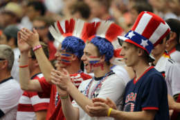 U.S.A. fans cheer their team during the second half of an international friendly soccer match against Germany at RFK Stadium, Sunday, June 2, 2013, in Washington. The U.S. won 4-3. (AP Photo/Alex Brandon)