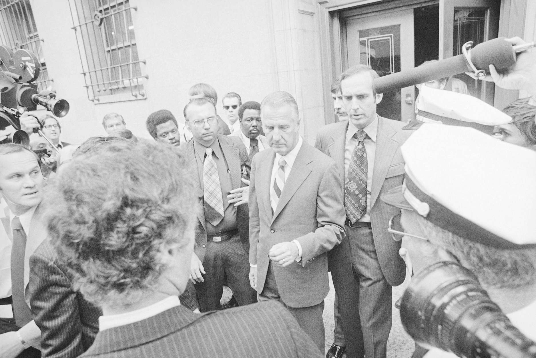 Sprio T. Agnew emerges from the federal court house in Baltimore Wednesday, Oct 10, 1973 after pleading no contest to a charge of federal tax evasion and resigning from the vice presidency. (AP Photo)