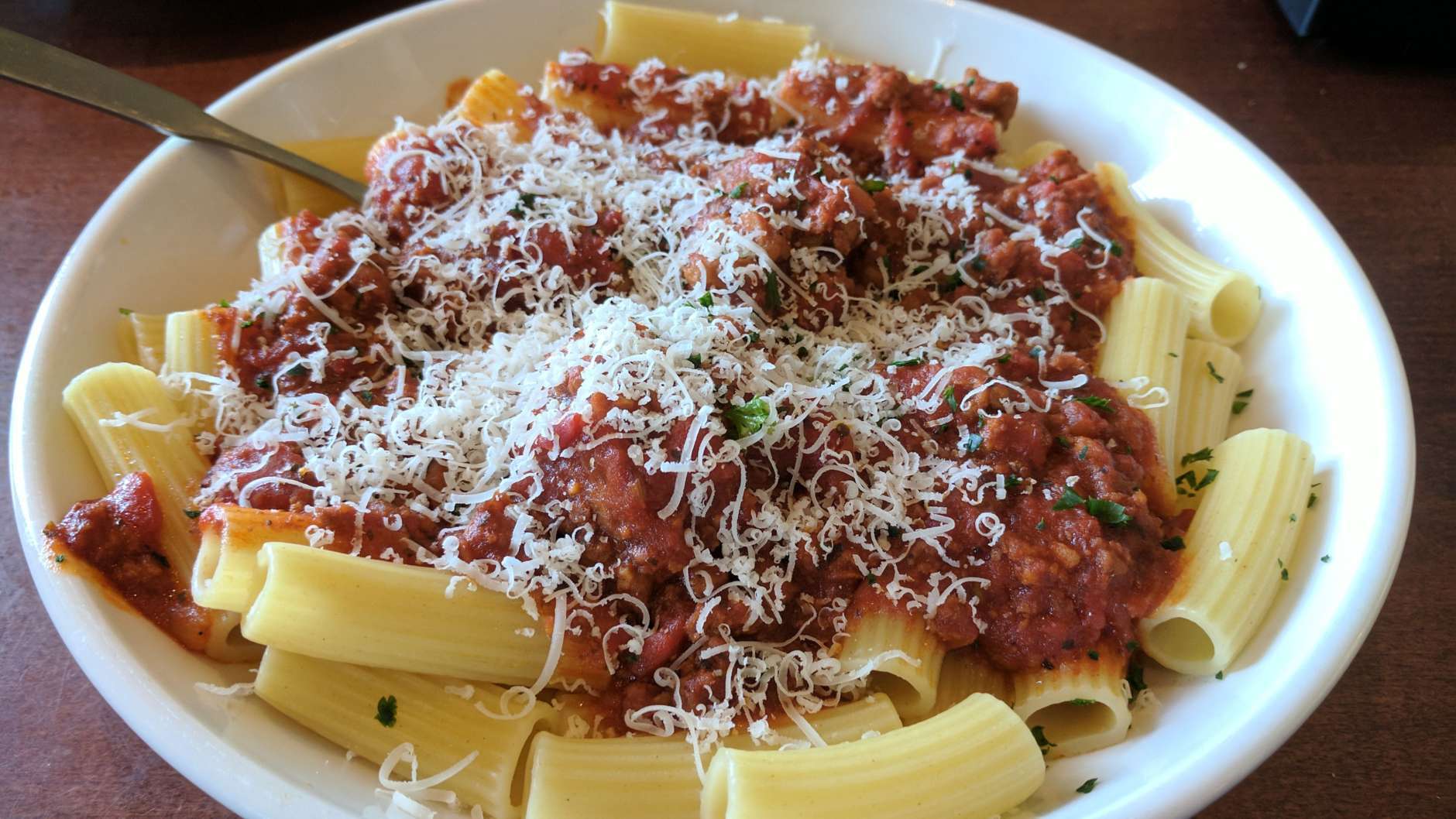 The meal: Rigatoni with traditional meat sauce and meatballs. (WTOP/Brandon Millman)