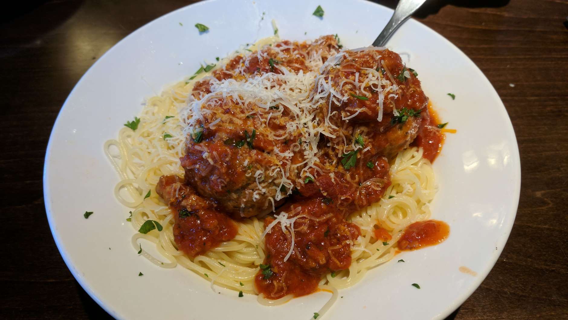 The meal: Angel hair with traditional meat sauce and meatballs. (WTOP/Brandon Millman)