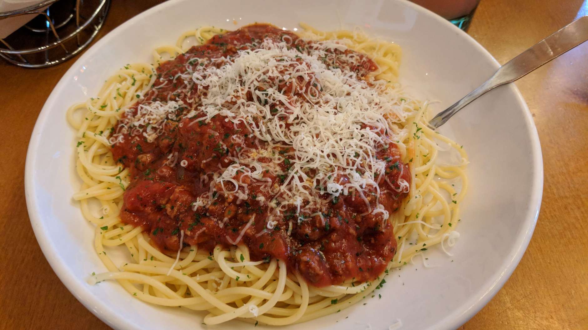 The meal: Spaghetti with traditional meat sauce and meatballs. (WTOP/Brandon Millman)
