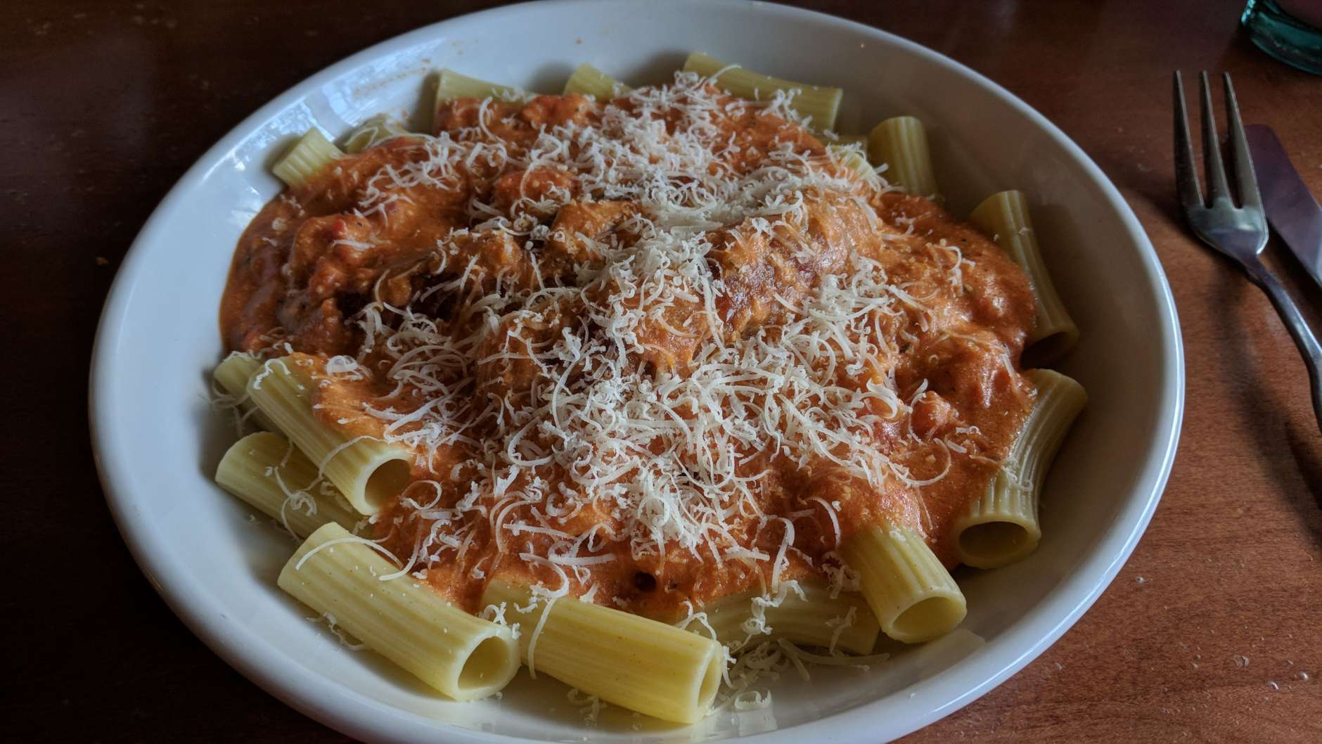 The meal: Rigatoni with five-cheese marinara and Italian sausage. (WTOP/Brandon Millman)
