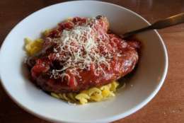 The meal: Gluten-free rotini with traditional marinara and Italian sausage. (WTOP/Brandon Millman)