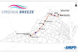 The route for the Virginia Breeze bus service, which launches Dec. 1. (Courtesy Virginia Department of Rail and Public Transportation)