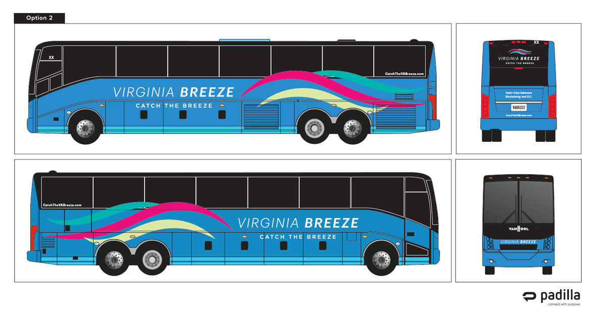 Renderings of the design of the Virginia Breeze bus (Courtesy Virginia Department of Rail and Public Transportation)