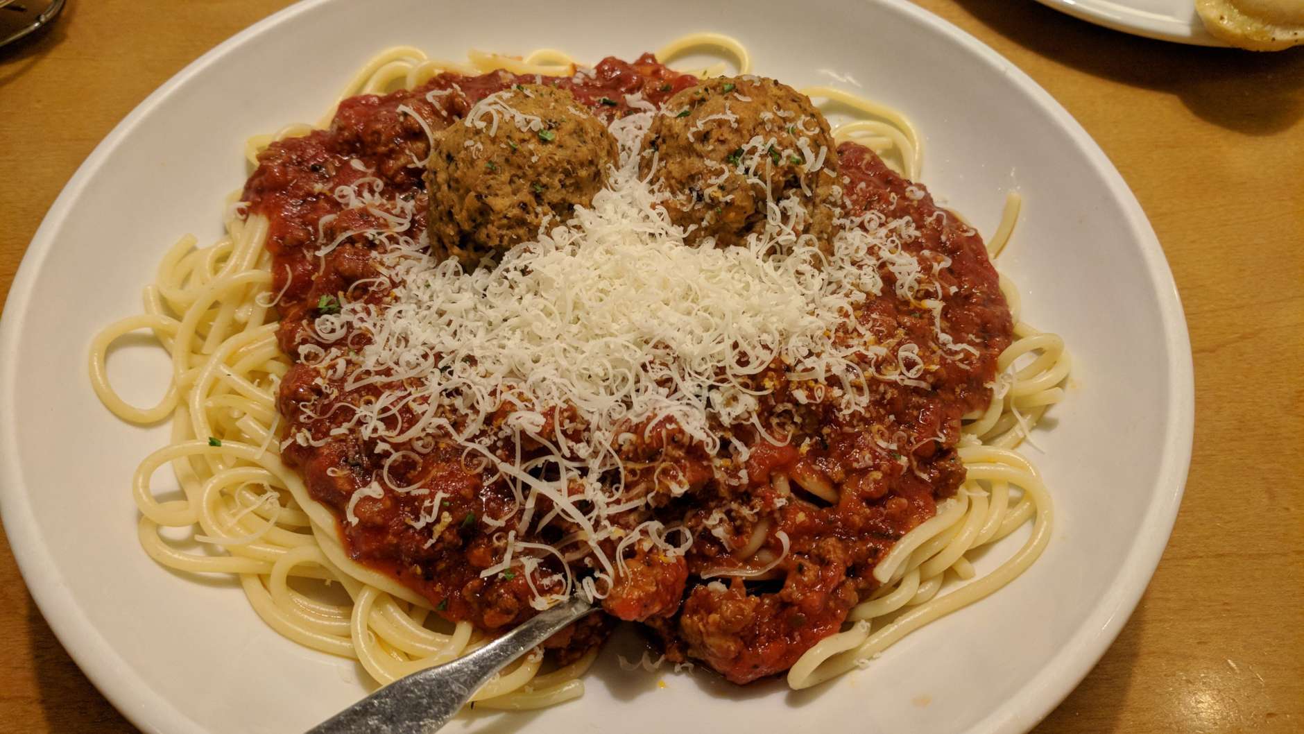 The meal: Spaghetti with traditional meat sauce and meatballs. (WTOP/Brandon Millman)