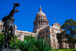 Texas State Capitol Building Cowyboy statue in central texas Austin Texas USA desert plants , Texas flag and American Flag , amazing Capitol building