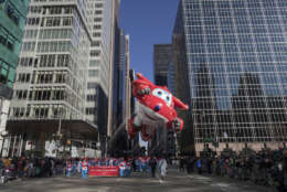 from Super Wings floats down 6th Avenue during the Thanksgiving Day parade in New York, Thursday, Nov. 23, 2017. (AP Photo/Mary Altaffer)