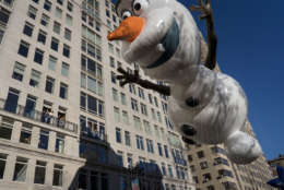 The Olaf balloon glides over Central Park West during the Macy's Thanksgiving Day Parade in New York, Thursday, Nov. 23, 2017. (AP Photo/Craig Ruttle)