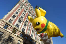NEW YORK, NY - NOVEMBER 23:  The Pikachu balloon floats down Central Park West during the 91st Annual Macy's Thanksgiving Day Parade on November 22, 2017 in New York City.  (Photo by Michael Loccisano/Getty Images)