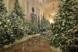 WASHINGTON, DC - NOVEMBER 27:  The Cross Hall at the White House during a press preview of the 2017 holiday decorations November 27, 2017 in Washington, DC. The theme of the White House holiday decorations this year is "Time-Honored Traditions."  (Photo by Alex Wong/Getty Images)