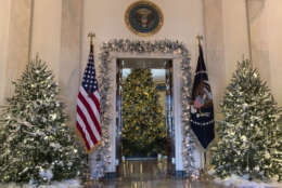 The official White House Christmas tree, center, is seen in the Blue Room during a media preview of the 2017 holiday decorations at the White House in Washington, Monday, Nov. 27, 2017. (AP Photo/Carolyn Kaster)