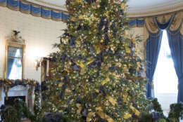 The official White House Christmas tree is seen in the Blue Room during a media preview of the 2017 holiday decorations at the White House in Washington, Monday, Nov. 27, 2017. (AP Photo/Carolyn Kaster)